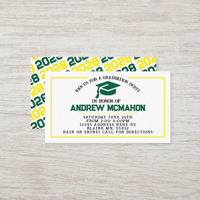 Green Yellow Graduation Invite Announcement Insert (Green, White & Yellow Mini Graduation Invites for Friends, Team Mates or as Inserts!)