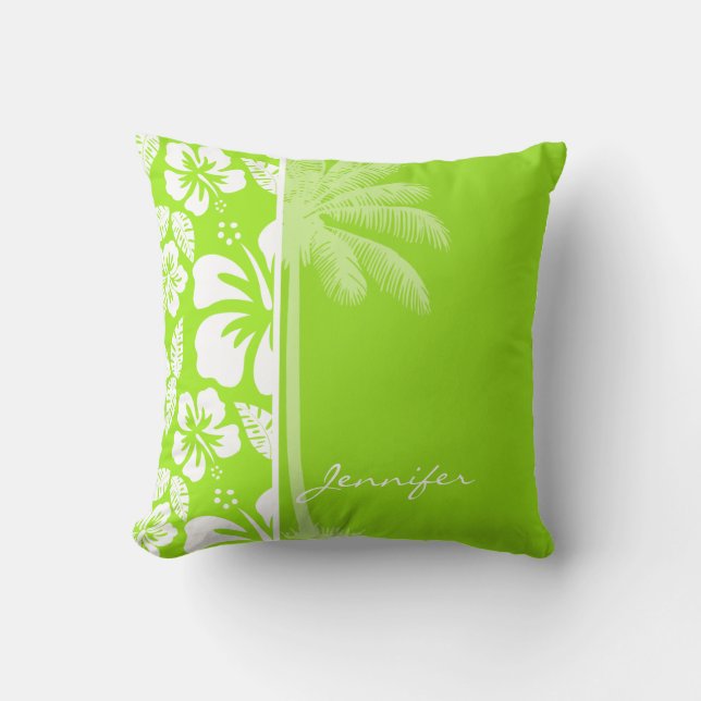 Green-Yellow Hawaiian Tropical Hibiscus; Palm Cushion (Front)