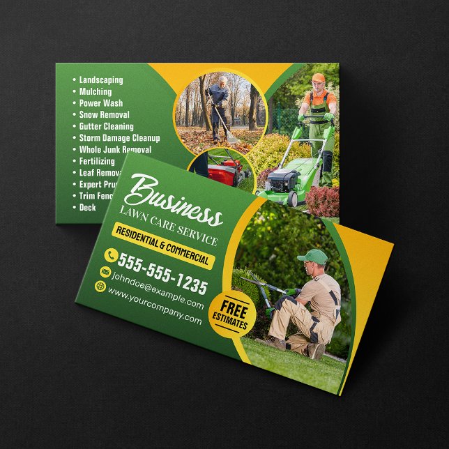 Green & Yellow Lawn Care Landscaping Mowing Business Card (Creator Uploaded)