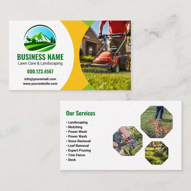Green Yellow Lawn Care Landscaping Mowing Business Card (Front/Back)