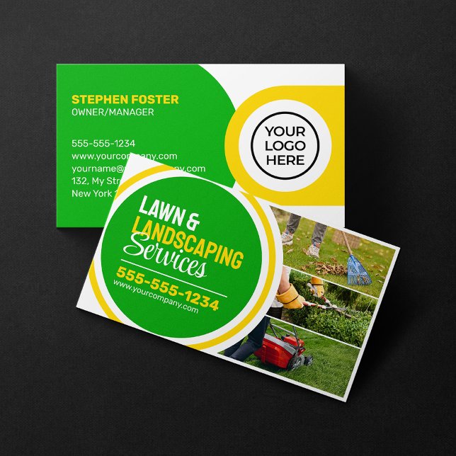 Green & Yellow Lawn Landscaping Mowing Gardening Business Card (Creator Uploaded)