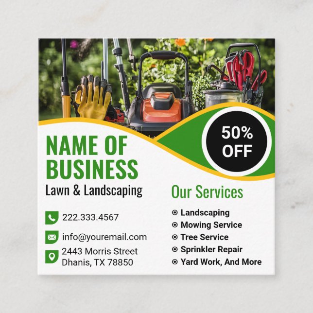 Green Yellow Lawn Mower Landscaping Service Square Business Card (Front)