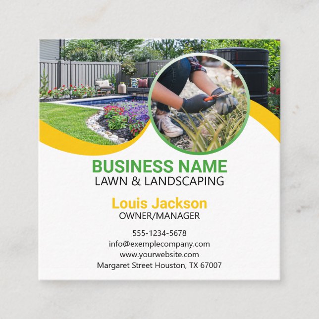Green & Yellow Lawn Service Modern Eye-catching Square Business Card (Front)