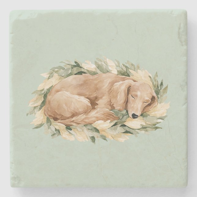 Green Yellow Leaves Fall Sleeping Dog  Stone Coaster (Front)