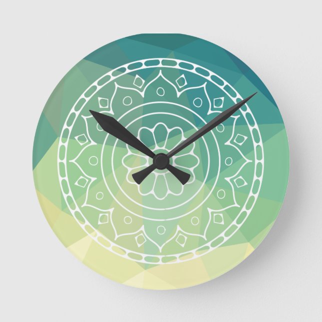 Green Yellow Mandala Inspiration Harmony Flower Round Clock (Front)