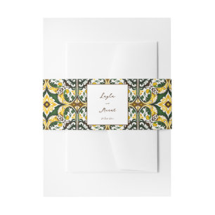 Green yellow Mediterranean ornate tile wedding Invitation Belly Band