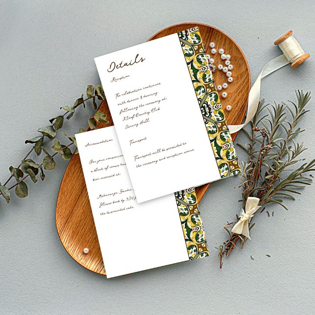 Green yellow Mediterranean tiles wedding details Enclosure Card (Green yellow Mediterranean Portuguese tiles wedding details Enclosure Card Spanish wedding cards)