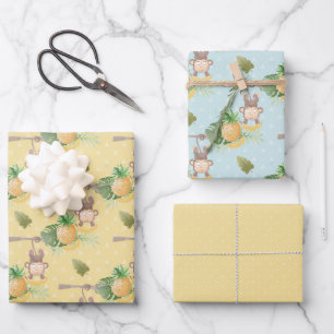 Green Yellow Monkey Tree Baby Shower Wrapping Paper Sheet