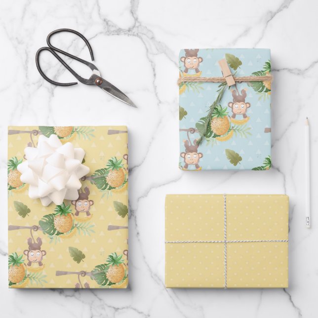Green Yellow Monkey Tree Baby Shower Wrapping Paper Sheet (Front)