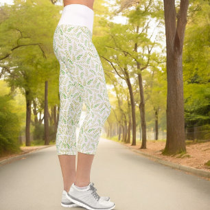 Green Yellow Nature Fern Leaf Pattern On White Capri Leggings