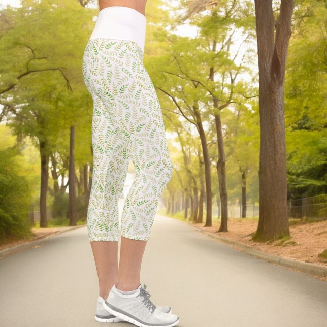 Green Yellow Nature Fern Leaf Pattern On White Capri Leggings (white top carpi leggings fern pattern)