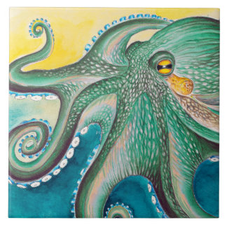 Green Yellow Octopus Watercolor Art Tile