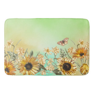 Green Yellow Ombre Watercolor Background Sunflower Bath Mat