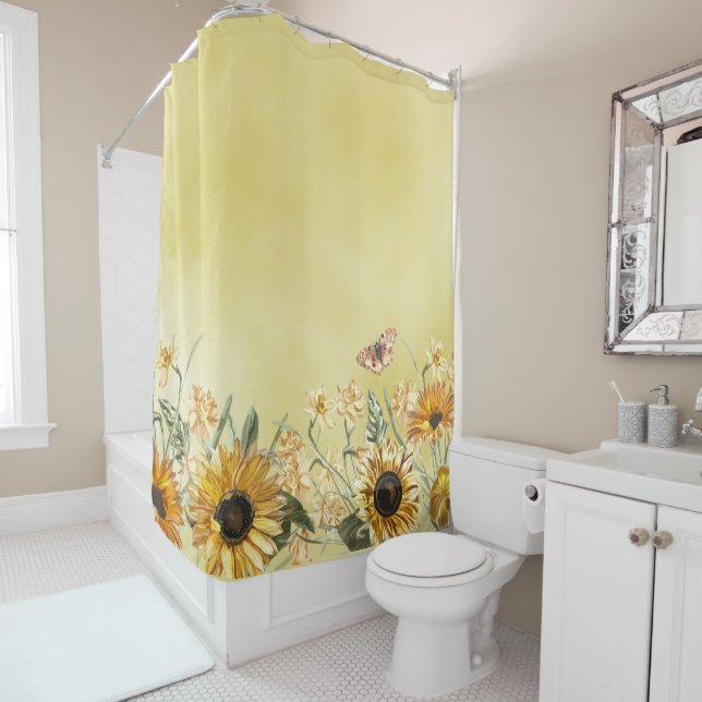 Green Yellow Ombre Watercolor Background Sunflower Shower Curtain (In Situ)