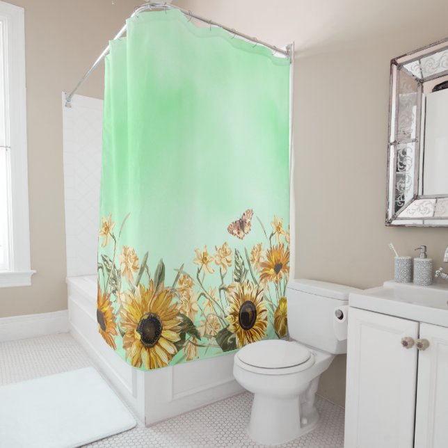 Green Yellow Ombre Watercolor Background Sunflower Shower Curtain (In Situ)