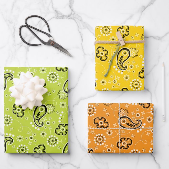 green yellow orange Bandanna Classic Pattern Fun Wrapping Paper Sheet (Front)