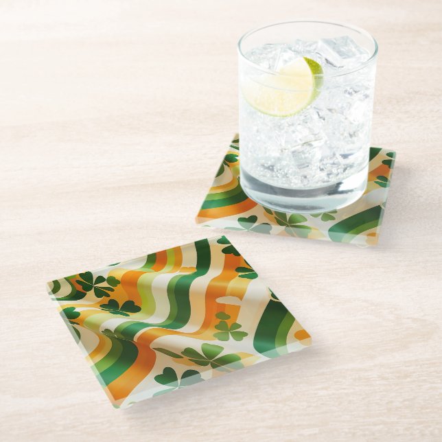 GREEN YELLOW ORANGE IRISH THEMED SWIRLS GLASS COASTER (Angled)