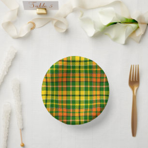 Green Yellow Orange Plaid Tartan Design  Paper Plate