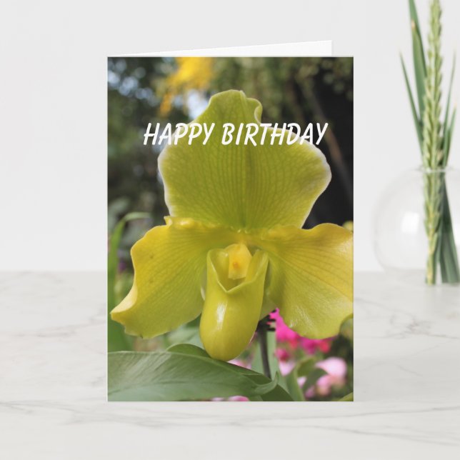 green yellow orchid flowers happy birthday card (Front)