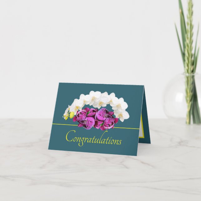Green Yellow Orchid/Peony Bouquet Congratulations Card (Front)