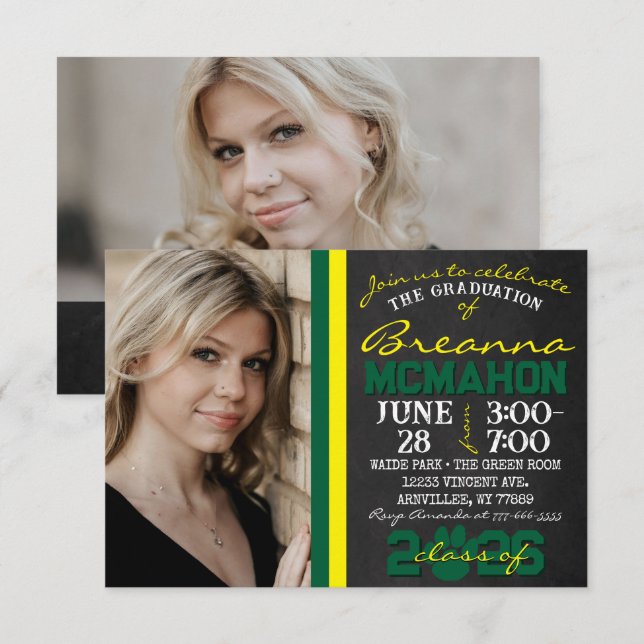 Green & Yellow Paw Print Graduation 2 Photo Invitation (Front/Back)