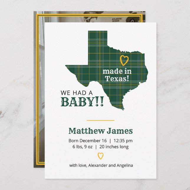 Green & Yellow Plaid Made In Texas Vertical Photo Announcement (Front/Back)