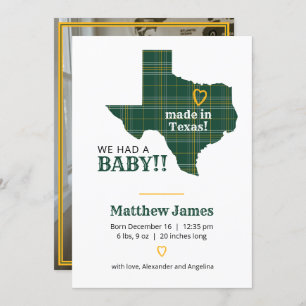 Green & Yellow Plaid Made In Texas Vertical Photo Announcement