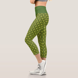 Green Yellow Plaid Pattern Tartan Chequered Trippy Capri Leggings
