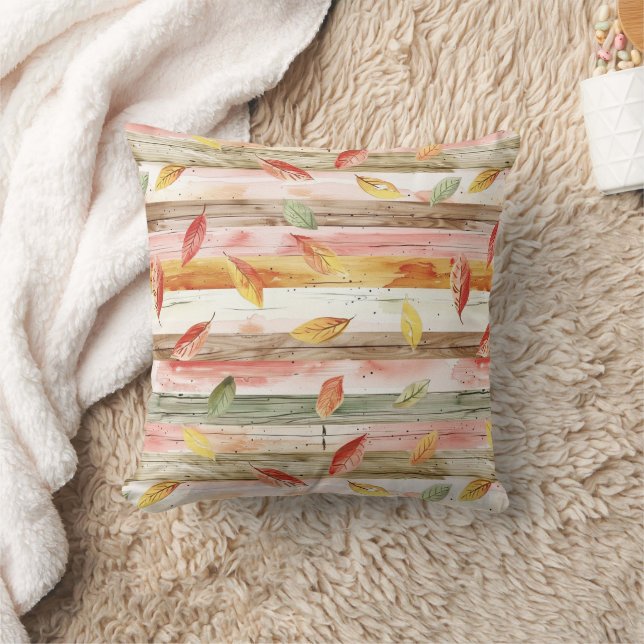 Green Yellow Red Pink Fall Leaves Stripes Cushion (Blanket)