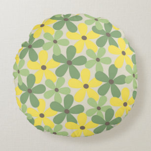 Green Yellow Retro Y2K 70s Flower Pattern Round Cushion
