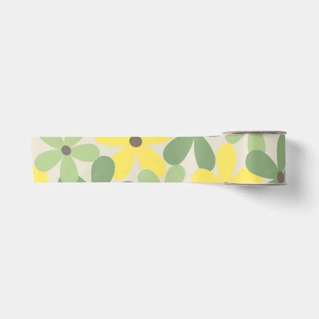 Green Yellow Retro Y2K 70s Flower Pattern Satin Ribbon (Front)