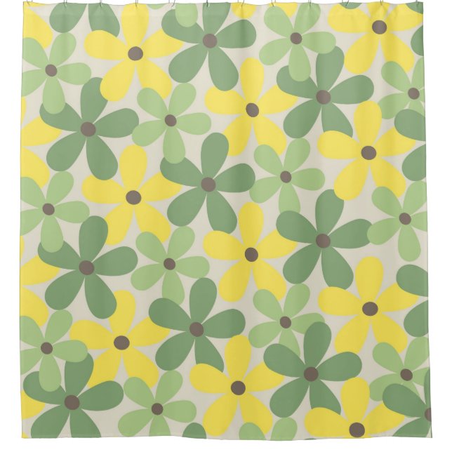 Green Yellow Retro Y2K 70s Flower Pattern Shower Curtain (Front)