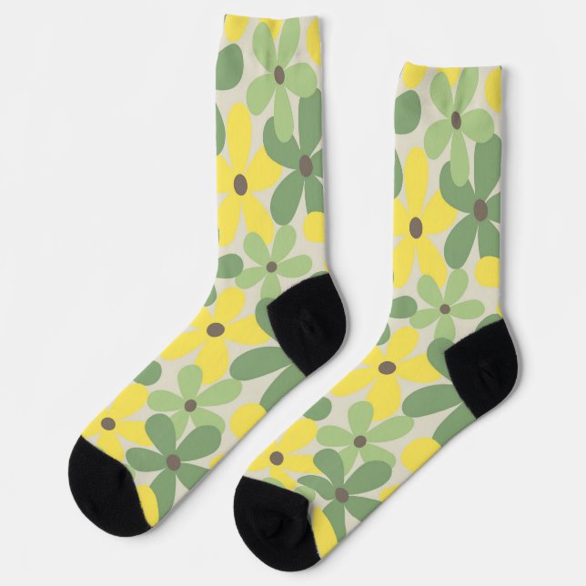 Green Yellow Retro Y2K 70s Flower Pattern Socks (Left)