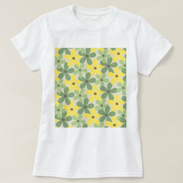 Green Yellow Retro Y2K 70s Flower Pattern T-Shirt (Design Front)