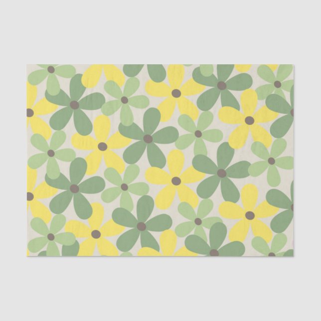 Green Yellow Retro Y2K 70s Flower Pattern Tissue Paper (Front)