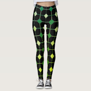 Green & Yellow Seamless Geometric Pattern on Black Leggings