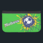 Green yellow soccer football goal named flap case<br><div class="desc">Bright yellow,  blue and green (Brazilian colours) football / soccer ball splatting in the back of the goal / net kids cell phone case. Ideal for Brazilian football or soccer fans,  personalise with your own name currently reads Matheus. Designed by Sarah Trett.</div>