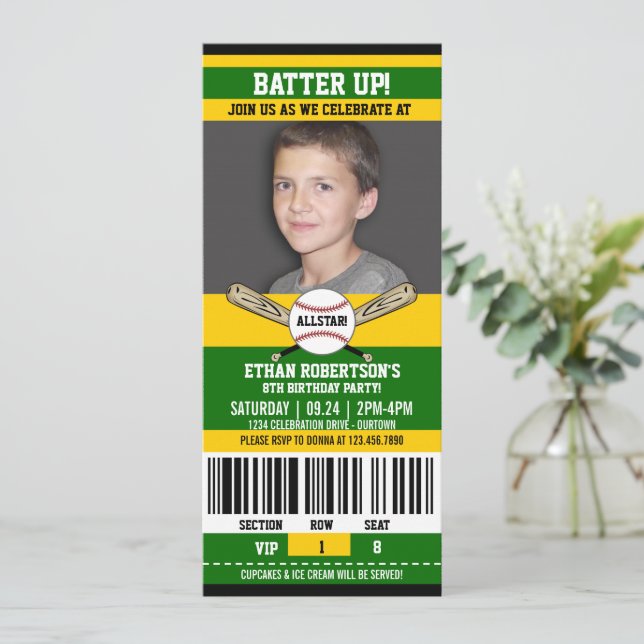 Green|Yellow Ticket Style Baseball Birthday Party Invitation (Standing Front)