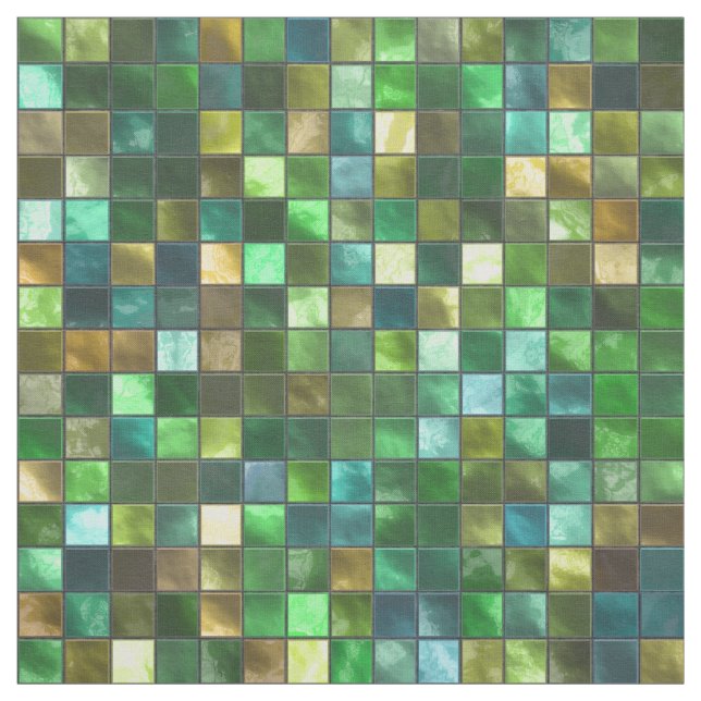 Green Yellow Tiled Square Pattern Mosaic Print Fabric (Swatch)