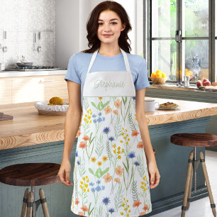 Green Yellow Watercolor Wildflower Custom Name Apron