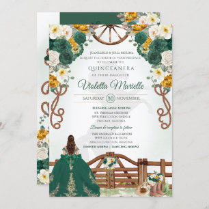 Green Yellow White Gold Western Charro Quinceanera Invitation