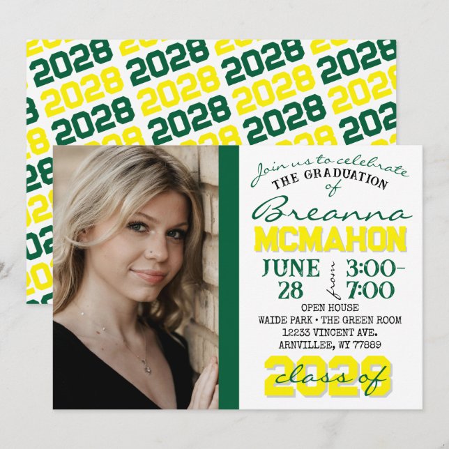 Green, Yellow & White Graduation Photo Invitation (Front/Back)