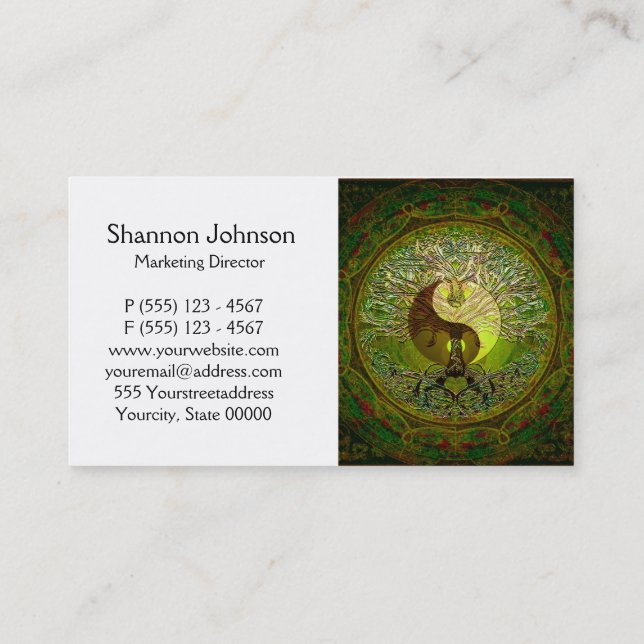 Green Yin Yang Mandala with Tree of Life Business Card (Back)