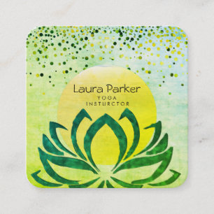 Green Yoga Instructor Lotus Flower Watercolor Square Business Card