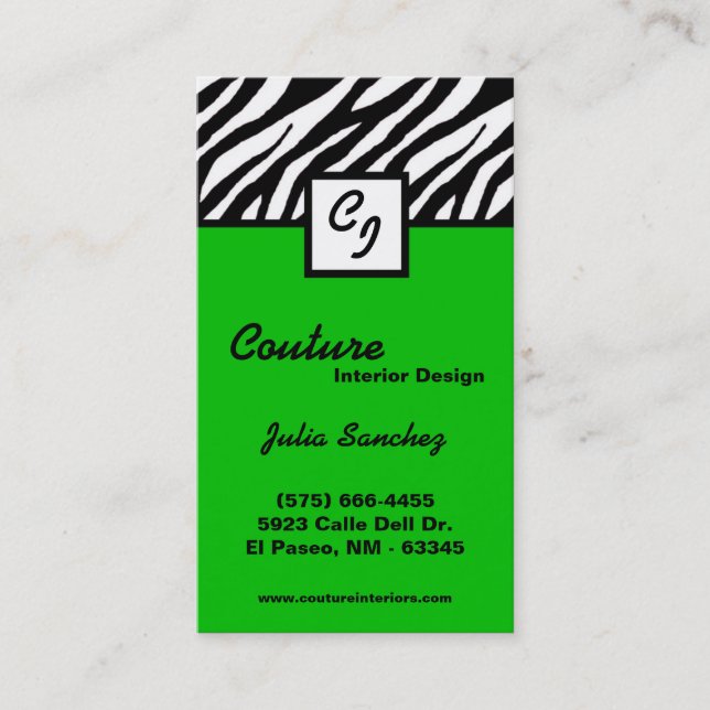 Green Zebra Print Custom Personalise Business Card (Front)