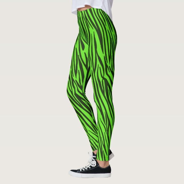 Green Zebra Stripes Animal Print Pattern Leggings (Left)