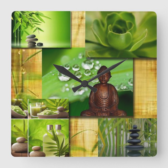 Green Zen & Buddha Serenity Collage Square Wall Clock (Front)