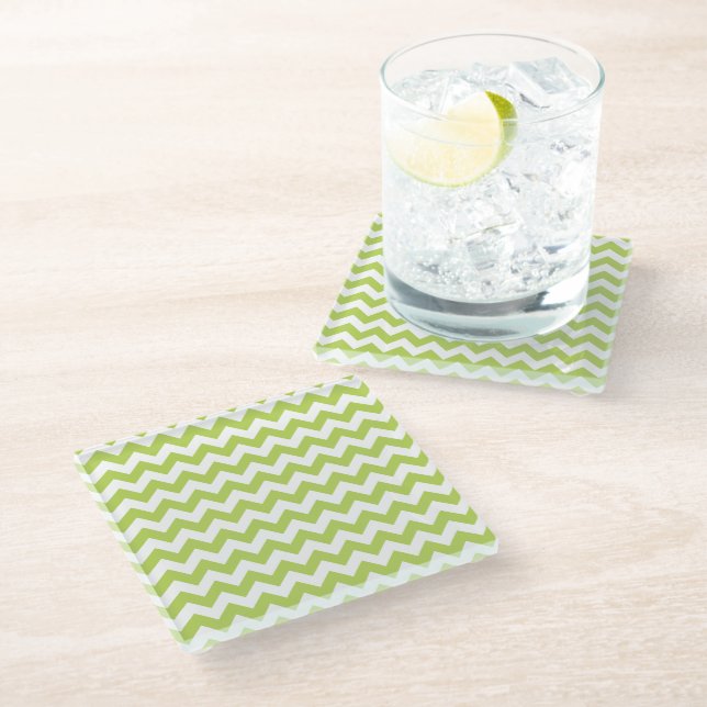 Green Zigzag, Green Chevron, Geometric Pattern Glass Coaster (Angled)
