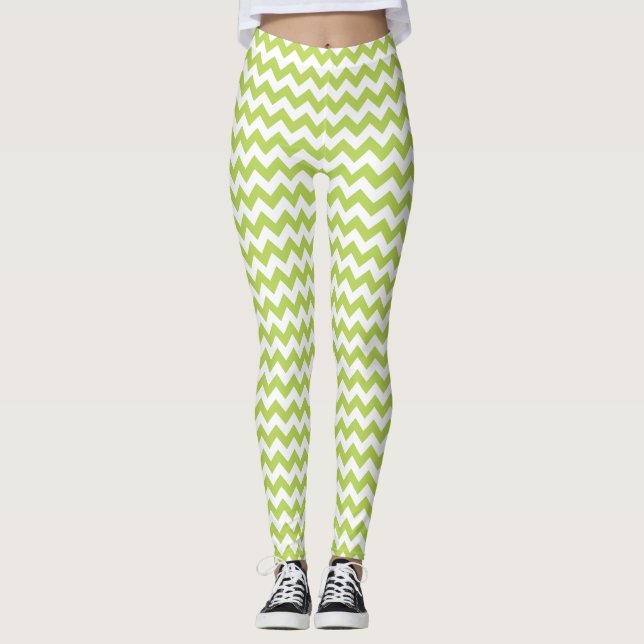 Green Zigzag, Green Chevron, Geometric Pattern Leggings (Front)