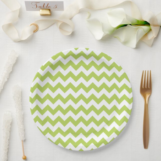 Green Zigzag, Green Chevron, Geometric Pattern Paper Plate (Wedding)